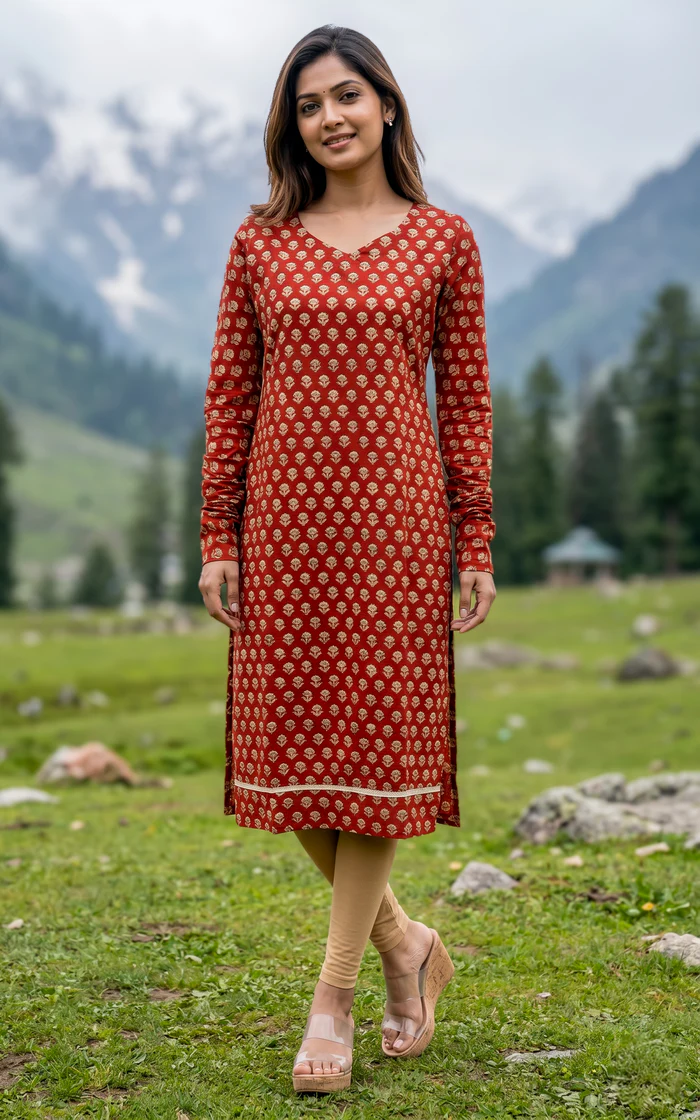 Classic Printed Straight Kurti Set – Red & Gold
